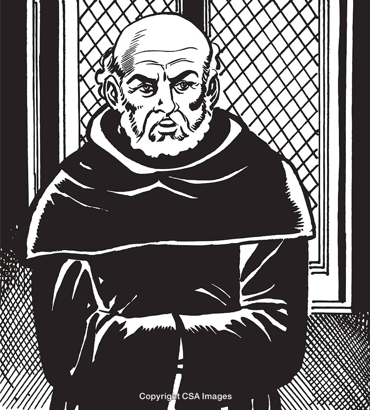 Black and White Illustration of a Monk in a Medieval Style Setting