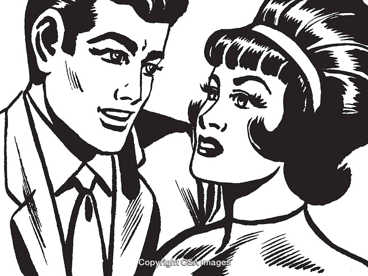 Retro Pop-Art Illustration of a Smiling Couple in Black and White