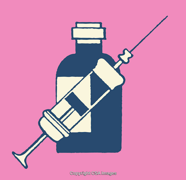 Colorful Line Art of Syringe and Medicine Bottle Illustration on Pink Background