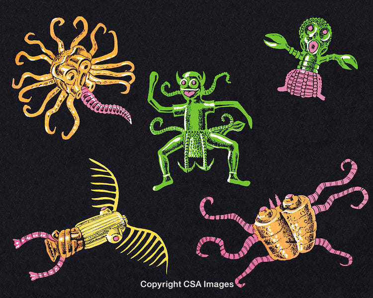 Colorful Illustrated Monsters with Unique Features on Black Background