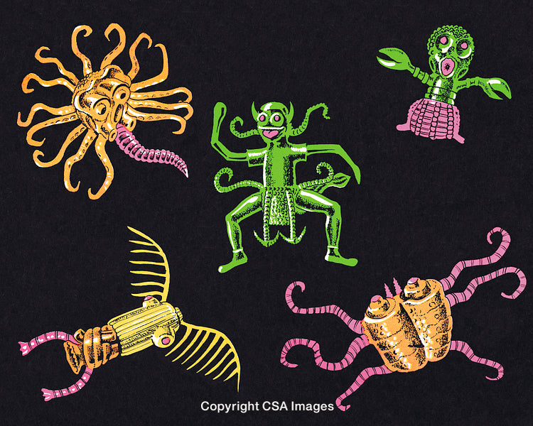 Colorful Illustrated Monsters with Unique Features on Black Background