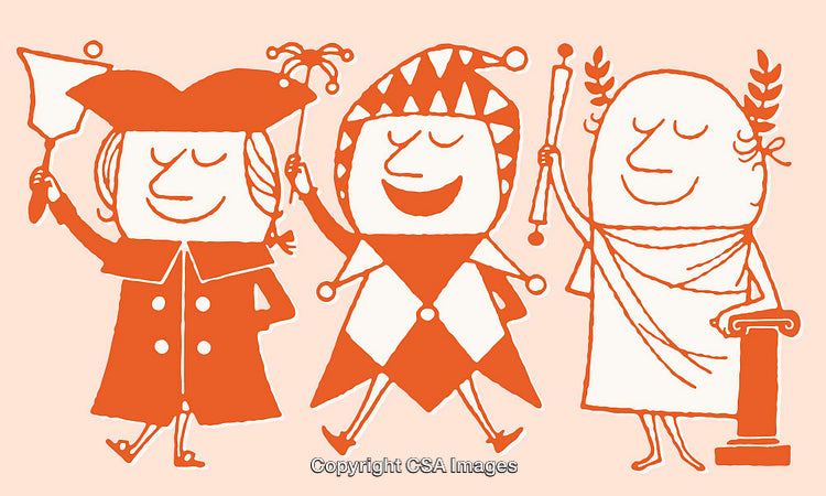 Playful Illustration of Historical Characters in Vibrant Orange Art Style