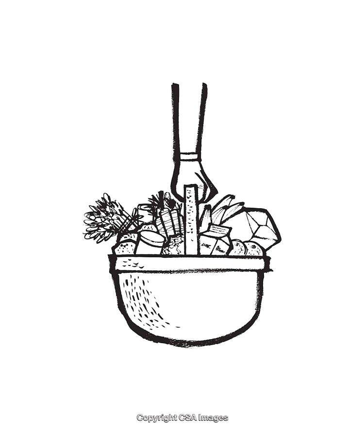 Black and White Line Art of a Food Basket with Vegetables