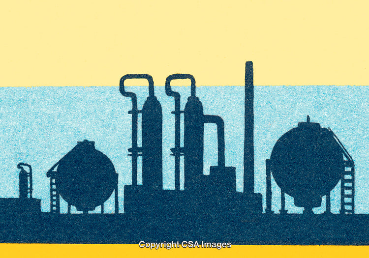 Industrial Silhouette with Tanks and Smokestacks in Colorful Vintage Style