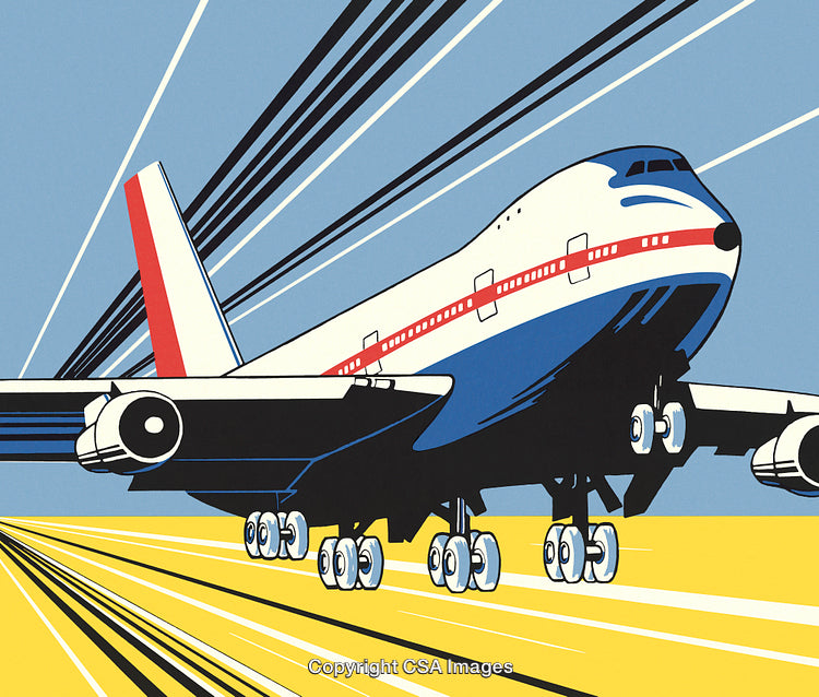 Airplane Illustration in Pop Art Style with Vibrant Sky Blue Background