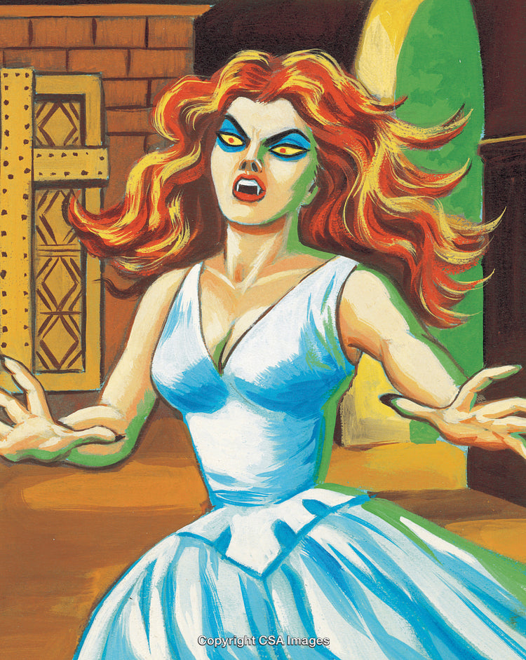 Vintage Illustration of a Striking Woman with Red Hair in a Dramatic Pose