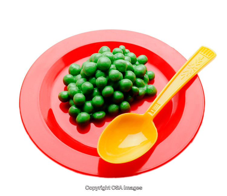 Colorful Plastic Plate with Green Toy Food and Yellow Spoon