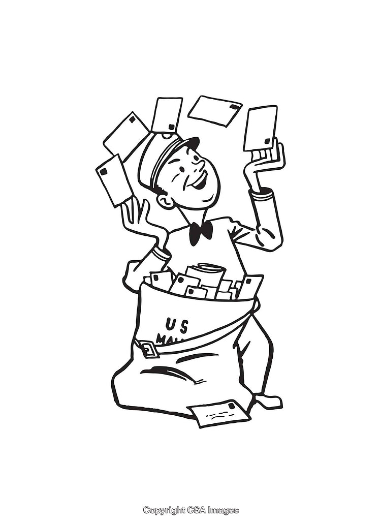 Black and White Illustration of a Mail Carrier Juggling Envelopes