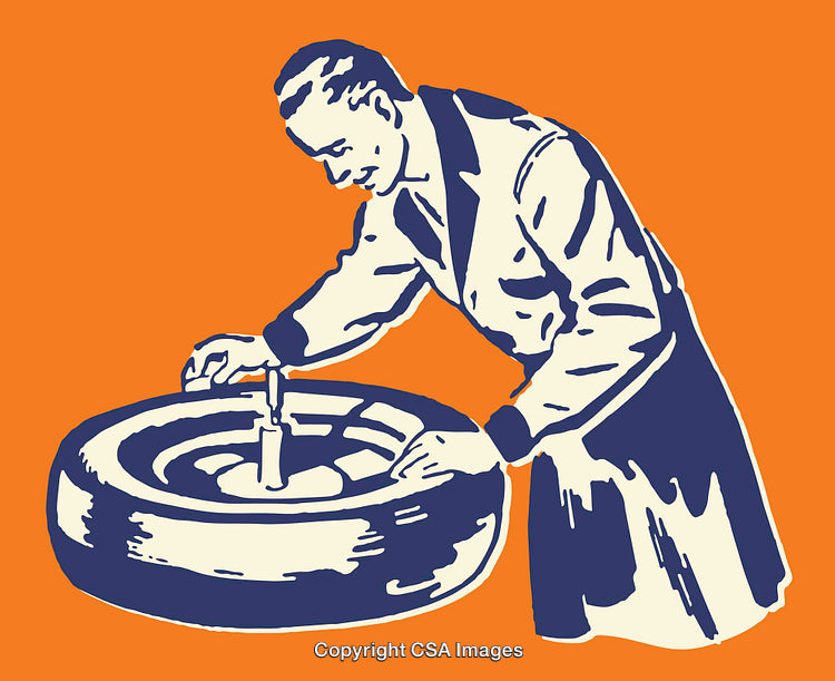 Vintage Stylized Illustration of Man Inspecting a Wheel in Orange Background