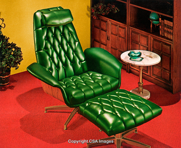 Vintage Green Recliner and Ottoman in a Retro Decor Setting