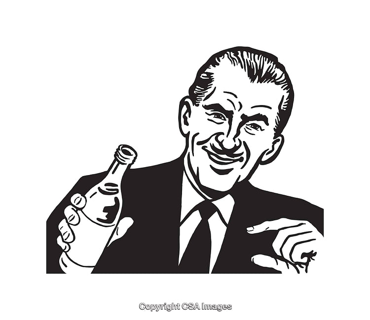 Vintage Black and White Illustration of a Smiling Man Holding a Bottle
