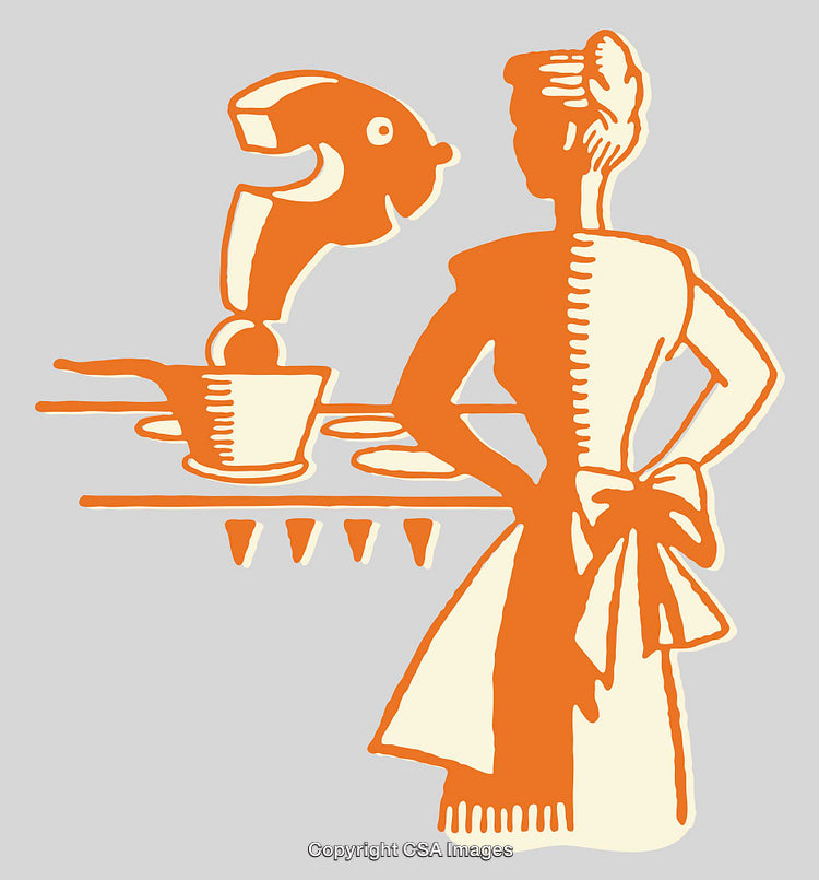 Retro Orange Kitchen Illustration with Homemaker and Cooking Utensils