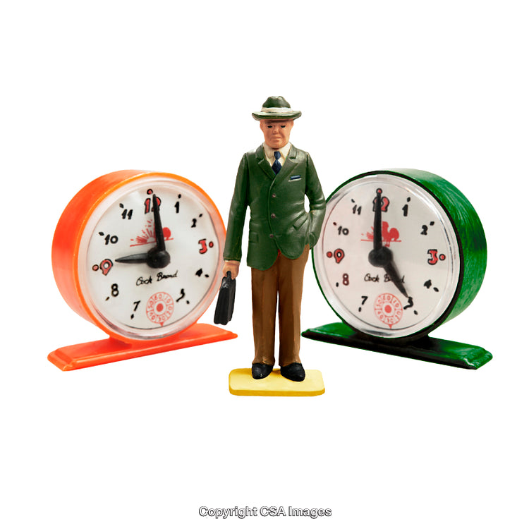 Retro Style Plastic Figurine with Colorful Clocks Isolated on White