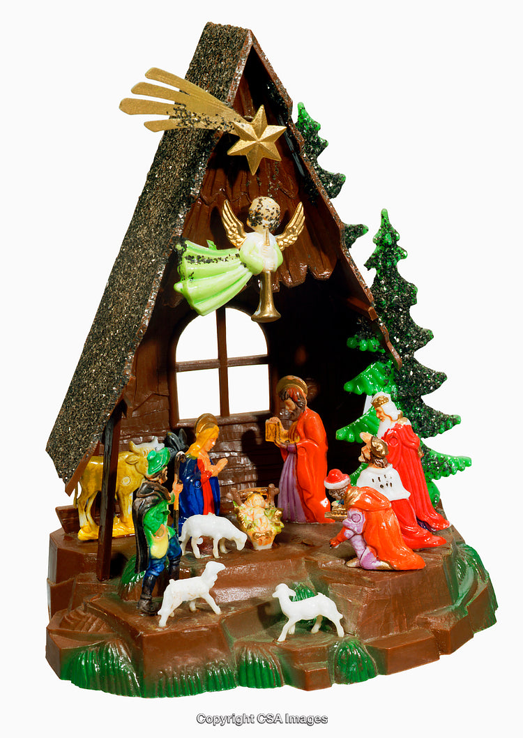 Plastic Nativity Scene with Christmas Figures in a Festive Setting