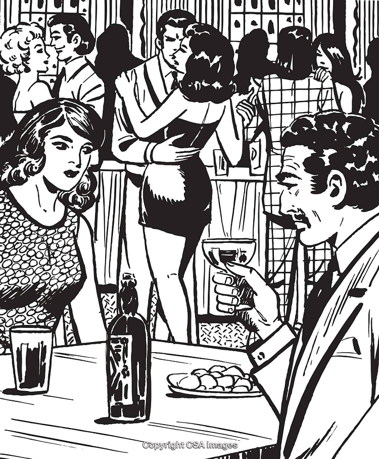Retro Style Social Gathering With Dancing and Drinks in Black and White Art