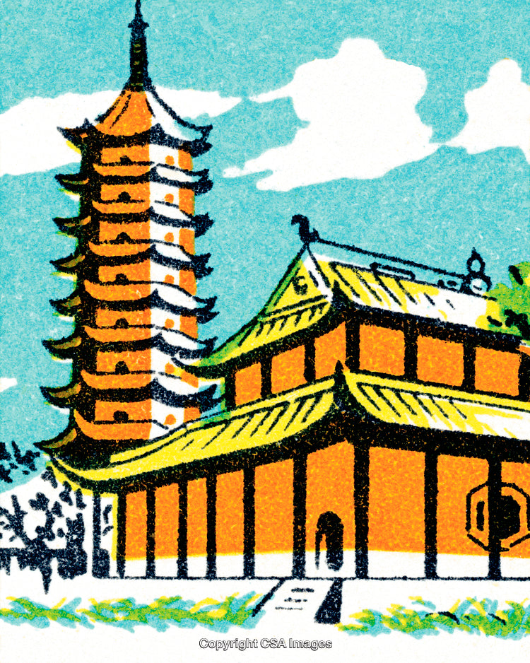 Colorful Pagoda and Traditional Building Against a Bright Blue Sky