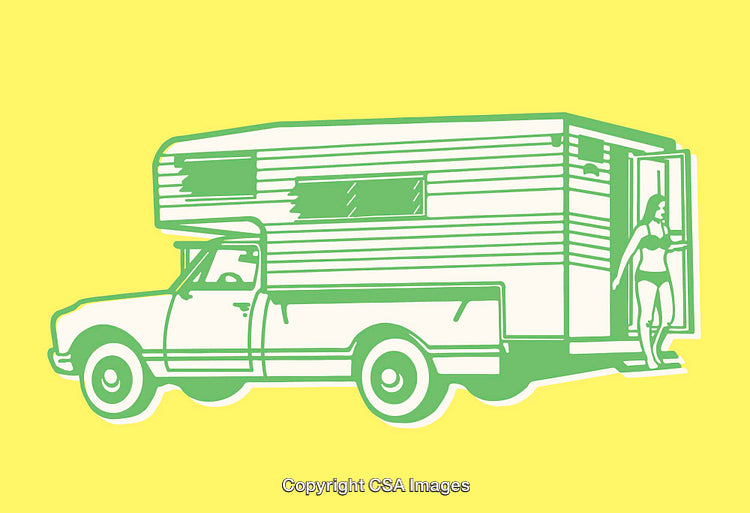 Retro Line Art Illustration of Camper Van with Person Exiting