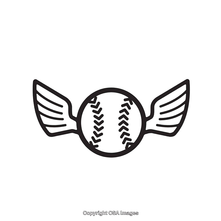 Black and White Line Art of Flying Baseball with Wings