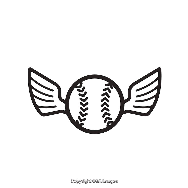 Black and White Line Art of Flying Baseball with Wings