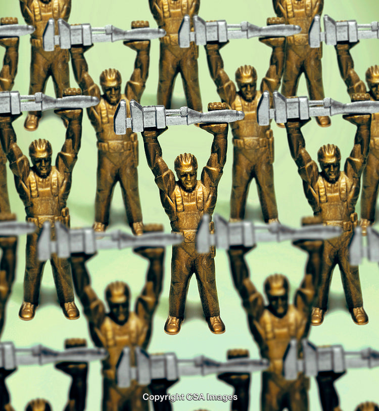 Abstract Arrangement of Identical Industrial Worker Figurines in Uniform Rows