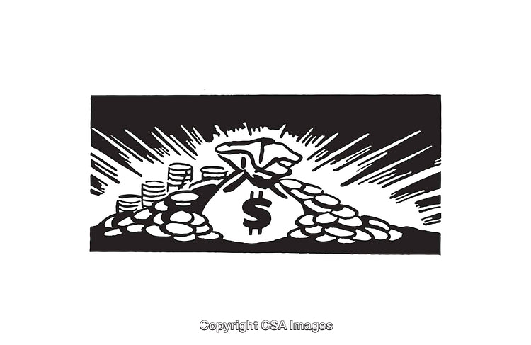 Black And White Illustration of Wealth Symbol with Coins and Money Bag