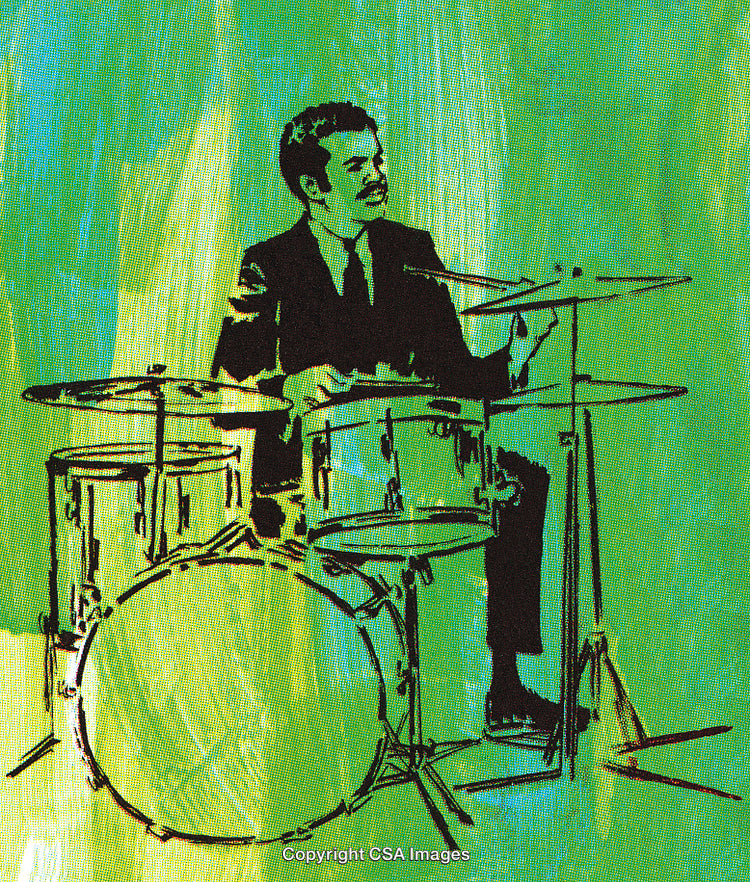 Artistic Illustration of a Drummer Playing in a Vibrant Lime Green Background