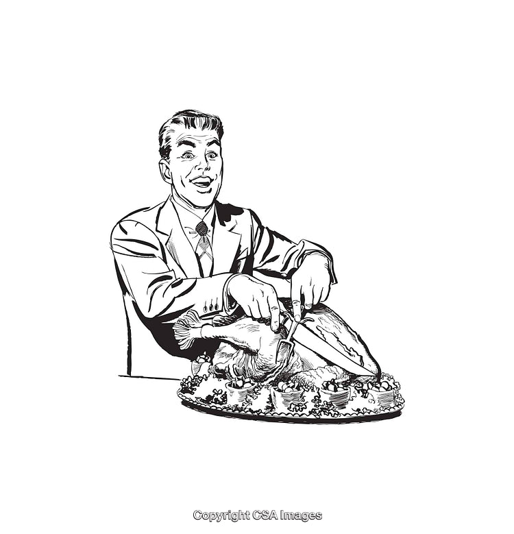 Retro Illustration of a Man Carving a Roasted Turkey at Dinner Table