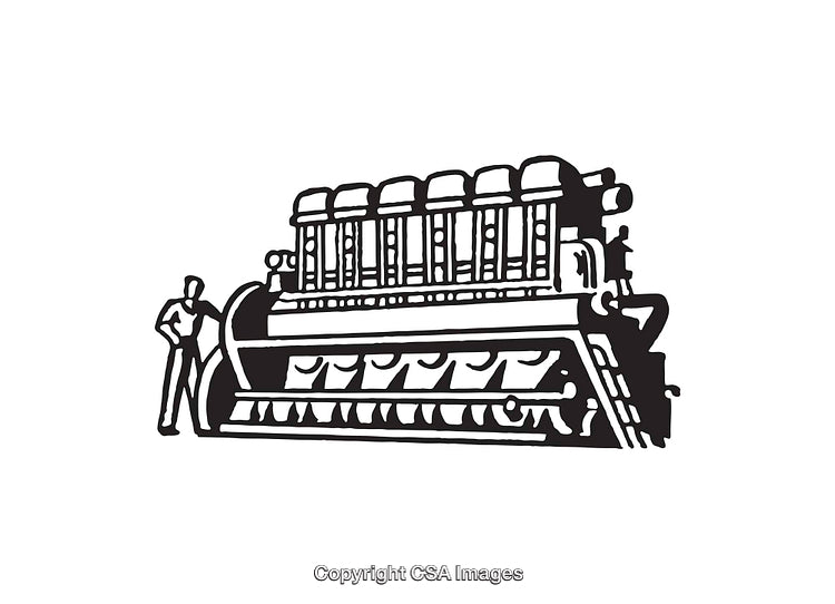 Line Art Illustration of Industrial Engine with a Figure for Scale