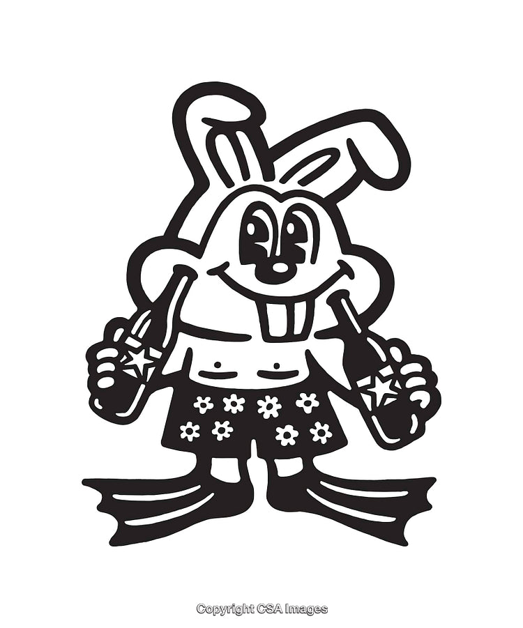 Cartoon Style Rabbit in Swimwear Holding Bottles Black and White Illustration