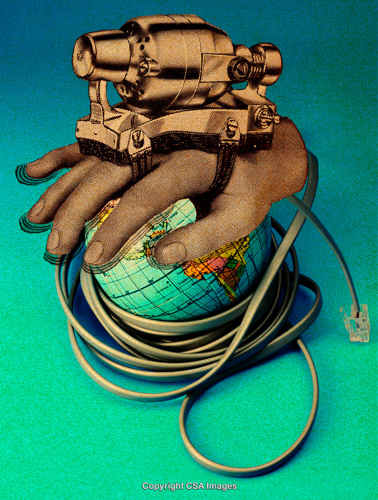 Surreal Composition of a Mechanical Hand and Globe with Cable