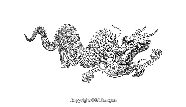 Intricate Black and White Line Drawing of a Majestic Dragon