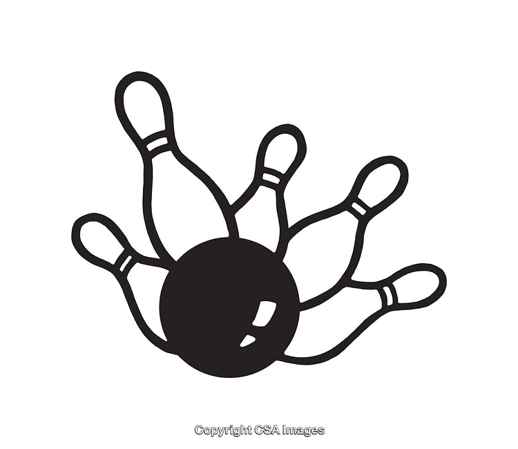 Black and White Bowling Ball Strikes Pins Illustrated