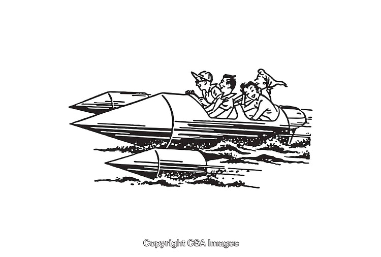 Black and White Line Art of People Enjoying a Speedboat Ride