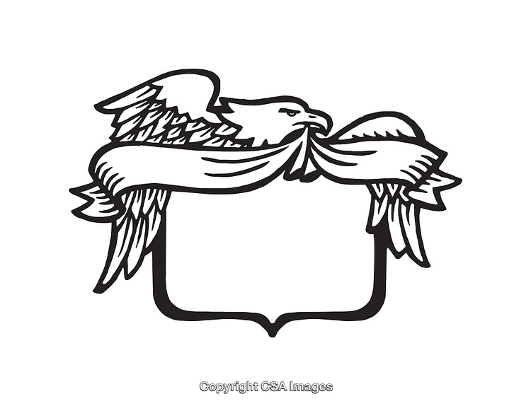 Black and White Line Art of an Eagle Holding a Ribbon