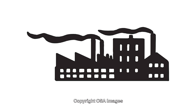 Black and White Factory Silhouette with Smoking Chimneys Icon Illustration