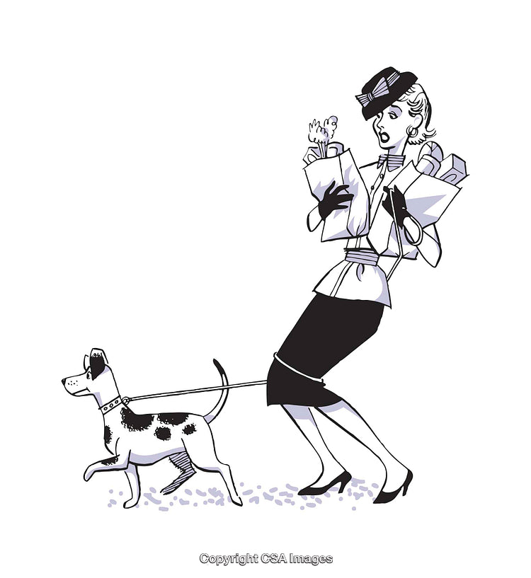 Illustration of Woman Walking Dog Facing Comical Chaos Moment