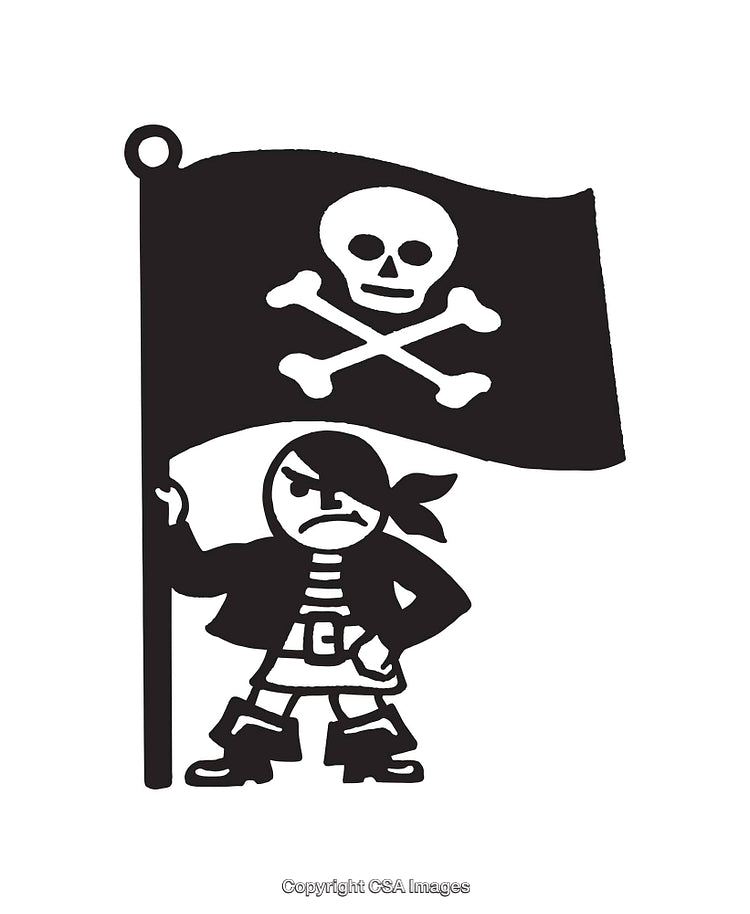 Black and White Pirate Line Drawing with Skull and Crossbones Flag