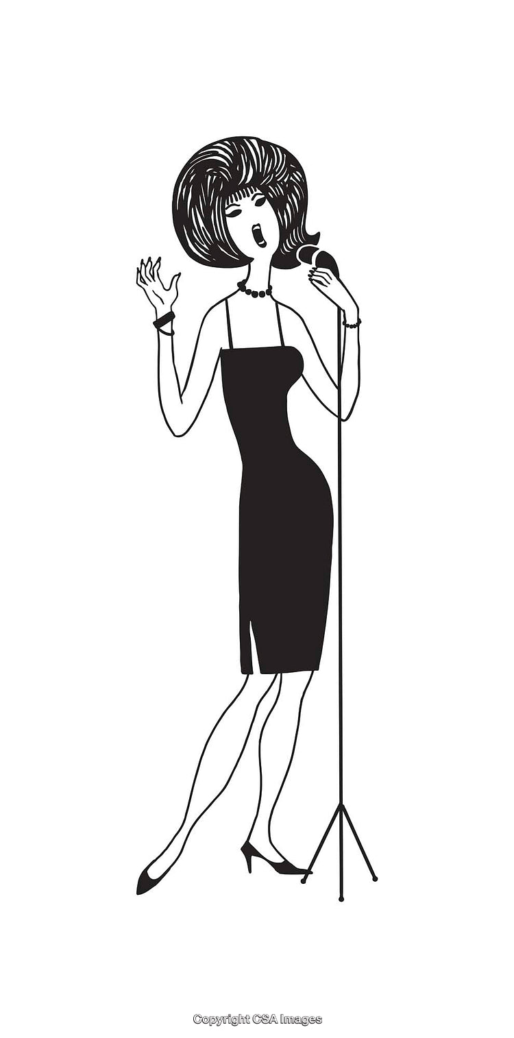 Elegant Female Singer in Black-And-White Line Art Style Illustration