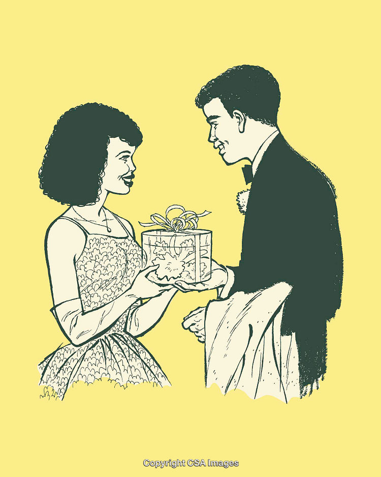 Elegant Couple Exchanging a Gift in Vintage Style Illustration