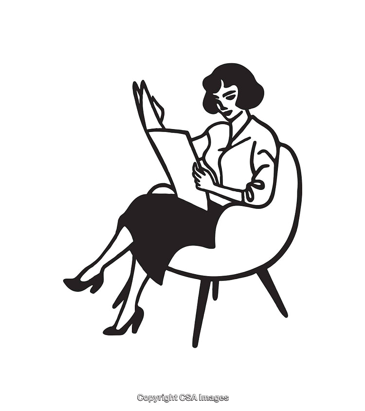 Elegant Woman Sitting and Reading Newspaper in Black and White Line Art