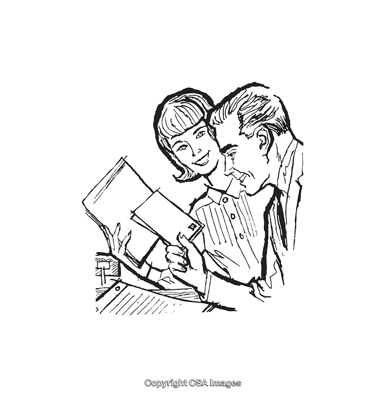 Retro Line Art of Two Professionals Reviewing Documents Together