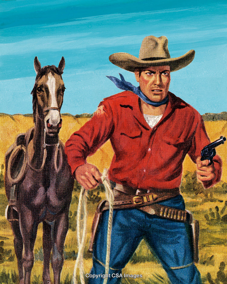 Cowboy Holding a Rope and Gun Next to a Horse in a Field
