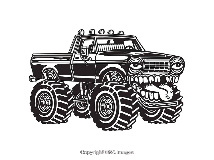 Black and White Monster Truck Cartoon with Humorous Expression