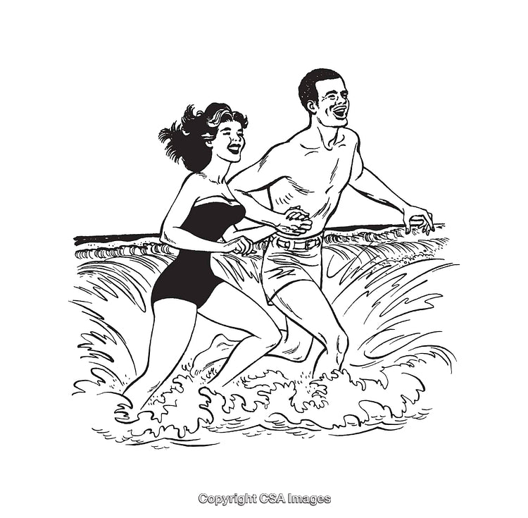 Vintage Black and White Drawing of a Joyful Couple Running in Waves