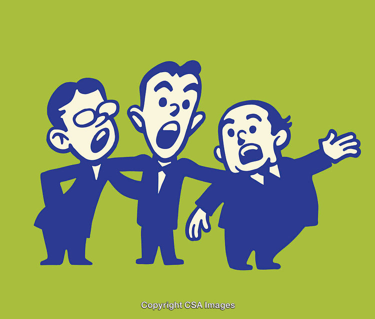 Three Cartoon Businessmen Expressing Emotions on a Green Background