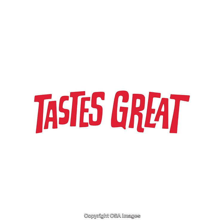 Bold Red Text Displaying the Phrase "Tastes Great" on a White Background