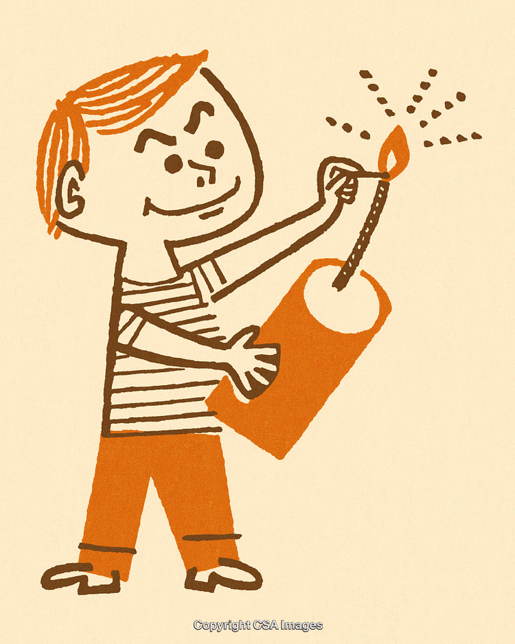 Vintage Illustration of Boy Lighting Firework With a Matchstick