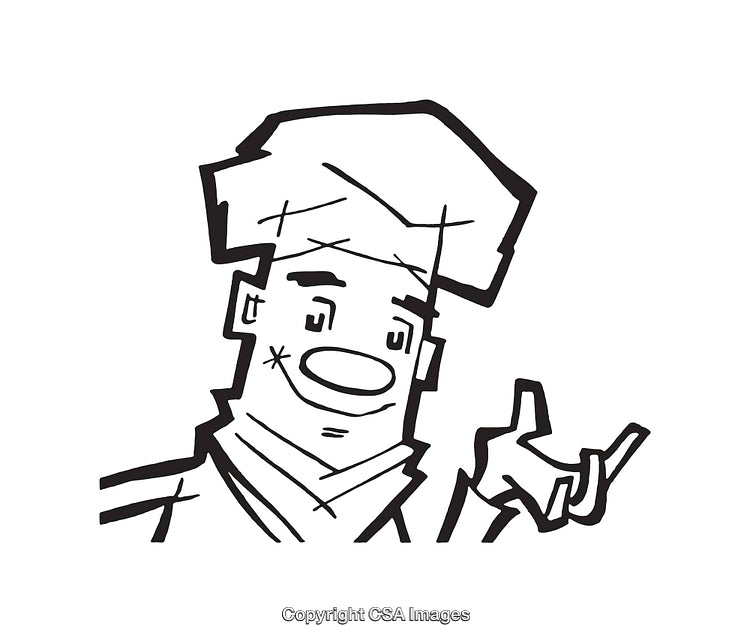 Black and White Line Art Illustration of a Happpy Chef