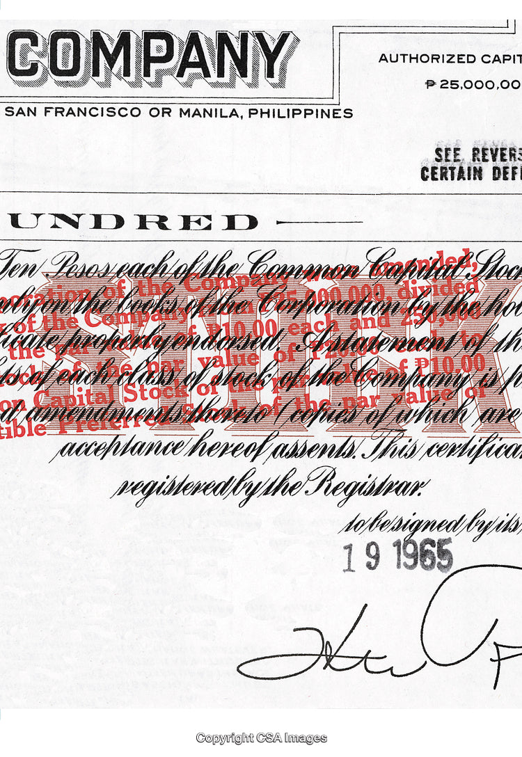 Vintage Stock Certificate from 1965 with Red Overlay Text