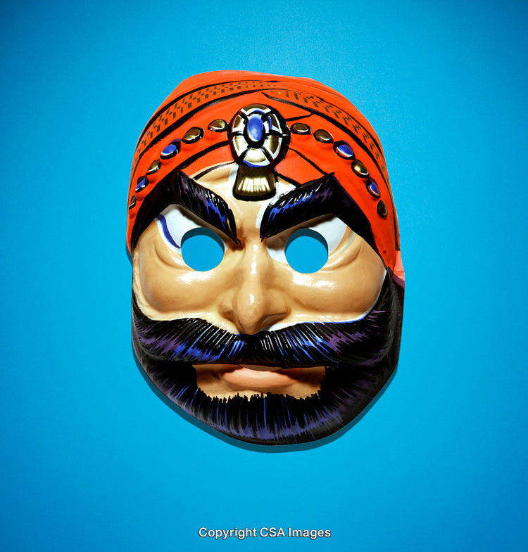 Colorful Decorative Mask on Bright Blue Backdrop Featuring Bold Patterns and Details